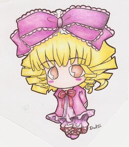 Rating: Safe Score: 0 Tags: 1girl blonde_hair bloomers blush_stickers bow chibi dress drill_hair hina_ichigo hinaichigo image long_sleeves open_mouth pink_bow ribbon short_hair solo traditional_media User: admin