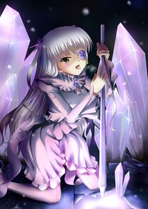 Rating: Safe Score: 0 Tags: 1girl barasuishou blush dress eyepatch frills holding image kneeling long_hair long_sleeves open_mouth silver_hair solo very_long_hair yellow_eyes User: admin