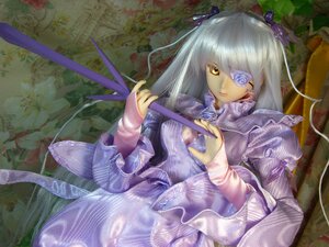 Rating: Safe Score: 0 Tags: 1girl barasuishou doll dress eyepatch flower frills hair_ribbon long_hair long_sleeves purple_dress ribbon rose silver_hair solo traditional_media yellow_eyes User: admin