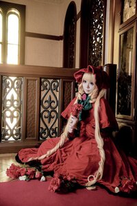 Rating: Safe Score: 0 Tags: 1girl blonde_hair blue_eyes bonnet bow dress flower indoors long_hair looking_at_viewer painting_(object) pink_flower pink_rose red_dress red_flower red_rose rose shinku sitting solo window User: admin