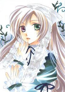 Rating: Safe Score: 0 Tags: 1girl black_ribbon brown_hair dress frills green_eyes hat heterochromia image long_hair long_sleeves looking_at_viewer plant ribbon simple_background solo suiseiseki traditional_media upper_body User: admin