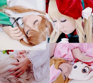 Rating: Safe Score: 0 Tags: bangs blonde_hair blurry blurry_background blurry_foreground closed_eyes depth_of_field flower long_hair multiple_cosplay multiple_girls photo realistic rose sleeping stuffed_animal tagme User: admin