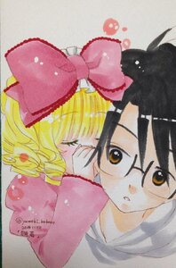 Rating: Safe Score: 0 Tags: 1boy 1girl black_hair blonde_hair blush bow brown_eyes closed_eyes glasses hair_bow hina_ichigo hinaichigo image long_sleeves pink_bow solo traditional_media User: admin