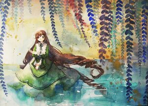 Rating: Safe Score: 0 Tags: 1girl brown_hair dress flower frills green_dress image long_hair long_sleeves looking_at_viewer ribbon solo suiseiseki very_long_hair water User: admin