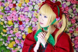 Rating: Safe Score: 0 Tags: 1girl blonde_hair blue_eyes blurry bonnet bouquet depth_of_field dress flower green_neckwear lips long_hair pink_flower pink_rose purple_flower purple_rose red_capelet red_dress rose shinku sidelocks solo white_flower white_rose yellow_flower yellow_rose User: admin