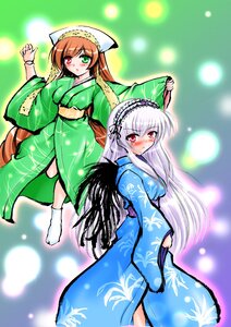 Rating: Safe Score: 0 Tags: 2girls blush brown_hair green_eyes heterochromia image japanese_clothes kimono long_hair long_sleeves multiple_girls pair red_eyes silver_hair suigintou suiseiseki tabi white_legwear wide_sleeves User: admin