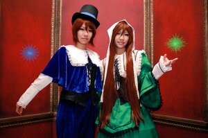 Rating: Safe Score: 0 Tags: 2girls blue_eyes brown_hair dress hat lips long_hair makeup multiple_cosplay multiple_girls red_background short_hair siblings sisters smile tagme twins User: admin