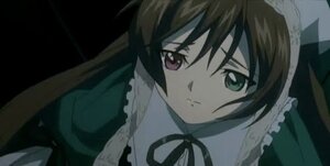 Rating: Safe Score: 0 Tags: 1girl bangs black_ribbon brown_hair closed_mouth collar dress frills green_eyes image long_hair long_sleeves looking_at_viewer neck_ribbon red_eyes ribbon simple_background solo suiseiseki User: admin