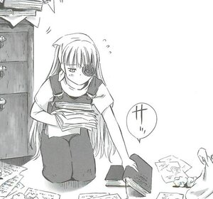 Rating: Safe Score: 0 Tags: 1girl barasuishou book eyepatch image long_hair monochrome paper solo sweatdrop User: admin