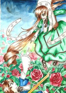 Rating: Safe Score: 0 Tags: auto_tagged brown_hair dress drill_hair flower frills green_dress green_eyes hat image long_hair long_sleeves pair pink_rose red_flower red_rose ribbon rose rose_petals shinku souseiseki suiseiseki thorns traditional_media very_long_hair User: admin