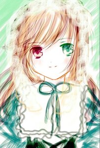 Rating: Safe Score: 0 Tags: 1girl bangs black_ribbon blush closed_mouth dress eyebrows_visible_through_hair green_eyes green_ribbon heterochromia image long_hair looking_at_viewer neck_ribbon red_eyes ribbon smile solo suiseiseki traditional_media upper_body User: admin