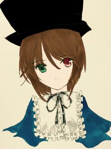 Rating: Safe Score: 0 Tags: 1girl bangs brown_hair closed_mouth collar eyebrows_visible_through_hair frills green_eyes hariruri hat heterochromia image looking_at_viewer red_eyes ribbon short_hair simple_background smile solo souseiseki upper_body yellow_background User: admin