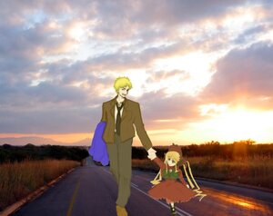 Rating: Safe Score: 0 Tags: 1boy 1girl blonde_hair dress formal image long_sleeves necktie outdoors pants shinku short_hair solo User: admin