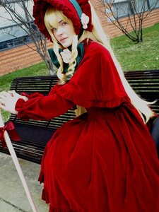 Rating: Safe Score: 0 Tags: 1girl blonde_hair bonnet bow building dress fence long_hair long_sleeves outdoors red_dress shinku solo tree User: admin