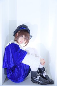Rating: Safe Score: 0 Tags: 1girl blue_eyes blue_headwear brown_hair hat jewelry lips looking_at_viewer shoes sitting solo souseiseki squatting striped User: admin