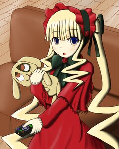 Rating: Safe Score: 0 Tags: 1girl blonde_hair blue_eyes bonnet bow controller dress game_controller holding image long_hair long_sleeves playing_games red_dress shinku sitting solo stuffed_animal User: admin