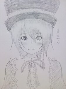 Rating: Safe Score: 0 Tags: 1girl blush closed_mouth eyebrows_visible_through_hair frills graphite_(medium) greyscale hat image looking_at_viewer monochrome photo short_hair smile solo souseiseki traditional_media User: admin