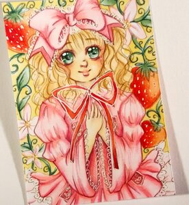 Rating: Safe Score: 0 Tags: 1girl apple blonde_hair bow dress flower food fruit grapes green_eyes hair_bow hina_ichigo hinaichigo holding_fruit image leaf long_hair long_sleeves looking_at_viewer marker_(medium) pink_bow pink_dress shikishi smile solo strawberry traditional_media User: admin