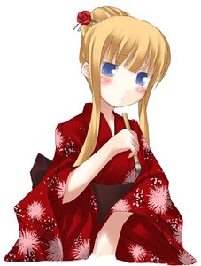 Rating: Safe Score: 0 Tags: 1girl blonde_hair blue_eyes blush floral_print flower hair_bun hair_ornament image japanese_clothes kimono rose shinku sidelocks solo User: admin