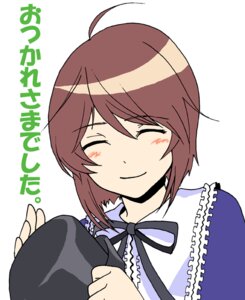 Rating: Safe Score: 0 Tags: 1girl blush brown_hair closed_eyes frills hat hat_removed headwear_removed holding holding_clothes holding_hat image long_sleeves ribbon short_hair simple_background smile solo souseiseki striped upper_body white_background User: admin