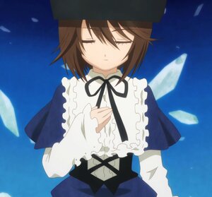Rating: Safe Score: 0 Tags: 1girl black_ribbon blue_background brown_hair capelet closed_eyes hat image long_sleeves neck_ribbon paper ribbon shirt short_hair skirt solo souseiseki wings User: admin
