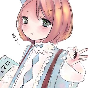 Rating: Safe Score: 0 Tags: 1girl :t bag bangs blush dress frills green_eyes keikujyaku long_sleeves looking_at_viewer pout short_hair simple_background solo upper_body white_background User: admin