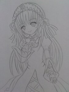 Rating: Safe Score: 0 Tags: 1girl auto_tagged dress frills greyscale hairband image long_hair long_sleeves looking_at_viewer monochrome ribbon simple_background smile solo suigintou traditional_media very_long_hair white_background User: admin