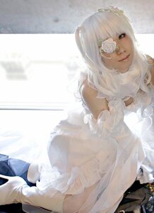 Rating: Safe Score: 0 Tags: 1girl bare_shoulders dress eyepatch flower gloves hair_flower hair_ornament high_heels kirakishou lips rose solo veil wedding_dress white_dress white_flower white_gloves white_hair white_rose User: admin