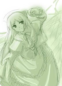 Rating: Safe Score: 0 Tags: 1girl dress frills green_theme image long_hair long_sleeves looking_at_viewer monochrome solo suiseiseki User: admin