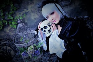 Rating: Safe Score: 0 Tags: 1girl dress flower gothic gothic_lolita lips lolita_fashion looking_at_viewer mask nail_polish rose skeleton skull solo suigintou white_hair User: admin