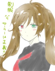 Rating: Safe Score: 0 Tags: 1girl ahoge black_serafuku black_shirt blush brown_hair green_eyes image long_hair looking_at_viewer red_eyes red_neckwear school_uniform serafuku simple_background solo suiseiseki twintails upper_body white_background User: admin