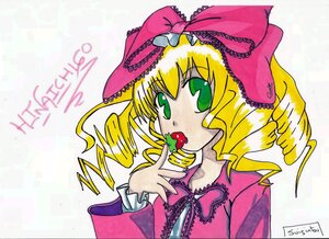 Rating: Safe Score: 0 Tags: 1girl blonde_hair bow dress drill_hair eating food frills fruit green_eyes hina_ichigo hinaichigo holding_fruit image long_sleeves pink_bow solo strawberry upper_body User: admin