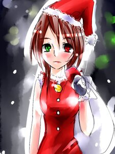 Rating: Safe Score: 0 Tags: 1girl bell blush brown_hair christmas dress gloves green_eyes hat heterochromia image red_dress red_eyes red_headwear sack santa_costume santa_hat short_hair solo souseiseki User: admin
