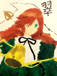 Rating: Safe Score: 0 Tags: 1girl bangs black_neckwear black_ribbon dress expressionless frills green_eyes hair_over_one_eye image long_hair long_sleeves ribbon simple_background solo suiseiseki upper_body User: admin