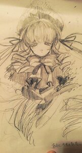 Rating: Safe Score: 0 Tags: 1girl dated dress hat image long_hair long_sleeves looking_at_viewer monochrome shinku solo traditional_media User: admin