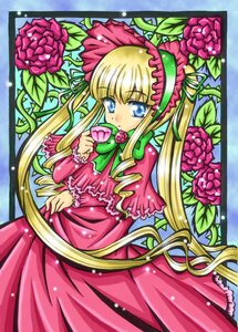 Rating: Safe Score: 0 Tags: 1girl blonde_hair blue_eyes bow bowtie dress flower frills holding image long_hair long_sleeves looking_at_viewer pink_flower pink_rose rose shinku sidelocks solo very_long_hair User: admin