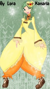 Rating: Safe Score: 0 Tags: 1girl bow dress full_body green_hair image kanaria long_sleeves personification pokemon_(creature) shoes smile solo standing yellow_dress User: admin