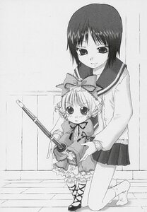 Rating: Safe Score: 0 Tags: 2girls blush bow full_body greyscale hinaichigo image kashiwaba_tomoe kneehighs long_sleeves looking_at_viewer monochrome multiple_girls school_uniform serafuku skirt smile solo standing weapon User: admin