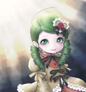 Rating: Safe Score: 0 Tags: 1girl ahoge dress drill_hair flower frills green_eyes green_hair hair_flower hair_ornament image kanaria long_sleeves neck_ribbon ribbon rose smile solo twin_drills upper_body User: admin