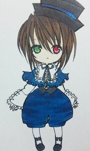 Rating: Safe Score: 0 Tags: 1girl auto_tagged blue_dress brown_hair dress expressionless frills full_body green_eyes grey_background hat heterochromia image long_sleeves looking_at_viewer red_eyes ribbon shoes short_hair simple_background solo souseiseki standing top_hat User: admin
