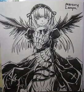 Rating: Safe Score: 0 Tags: 1girl dated dress frilled_sleeves frills greyscale hairband image long_hair long_sleeves looking_at_viewer monochrome shikishi smile solo suigintou traditional_media wings User: admin