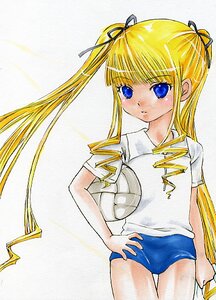 Rating: Safe Score: 0 Tags: 1girl ball blonde_hair blue_eyes blush buruma cowboy_shot gym_uniform hair_ribbon holding_ball image long_hair ribbon shinku shirt short_sleeves solo standing thigh_gap traditional_media twintails very_long_hair white_shirt User: admin