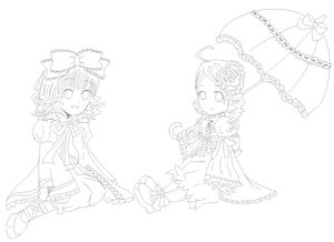 Rating: Safe Score: 0 Tags: 2girls ahoge bow dress drill_hair flower frills greyscale hair_ornament hinaichigo image kanaria monochrome multiple_girls pair parasol ribbon smile striped twin_drills umbrella User: admin