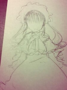 Rating: Safe Score: 0 Tags: 1girl dress faceless hair_over_eyes image long_hair maid maid_headdress monochrome shinku solo traditional_media User: admin