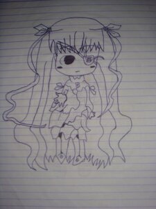 Rating: Safe Score: 0 Tags: 1girl barasuishou dress full_body hair_ribbon image long_hair looking_at_viewer monochrome ribbon simple_background solo standing traditional_media twintails User: admin
