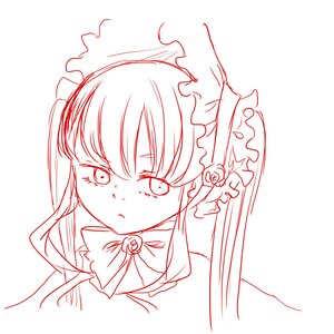 Rating: Safe Score: 0 Tags: 1girl >:( bonnet bow bowtie closed_mouth flower frown image long_hair looking_at_viewer monochrome rose shinku simple_background solo striped User: admin