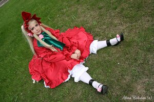 Rating: Safe Score: 0 Tags: 1girl blonde_hair blue_eyes bow dress grass long_hair pantyhose red_dress shinku sitting solo User: admin