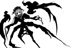 Rating: Safe Score: 0 Tags: 1girl ascot dress greyscale hat image monochrome open_mouth silhouette smile solo suigintou wings User: admin