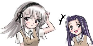 Rating: Safe Score: 0 Tags: 2girls auto_tagged blush image kakizaki_megu long_hair multiple_girls pout ribbon school_uniform simple_background smile solo suigintou sweater_vest upper_body vest white_background User: admin