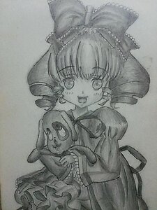 Rating: Safe Score: 0 Tags: 1girl bow cowboy_shot eyebrows_visible_through_hair frills greyscale hair_bow hinaichigo holding image kagiyama_hina long_sleeves looking_at_viewer monochrome open_mouth photo smile solo stuffed_animal traditional_media wide_sleeves User: admin